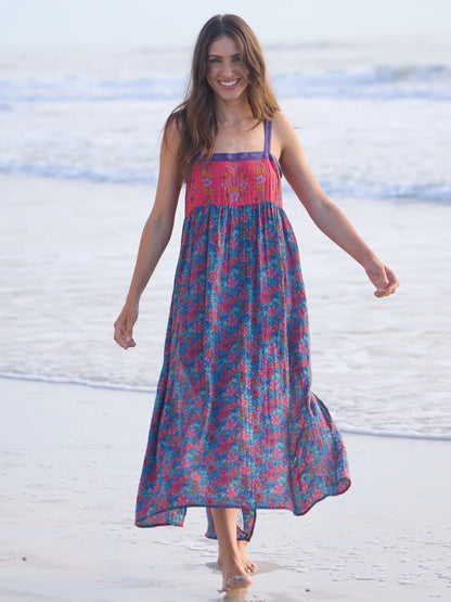 Patti Side Slit Maxi Dress - Teal Boho Border Scarf