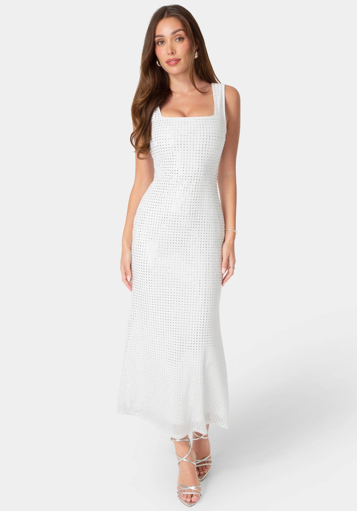 Square Neck Hotfix Mesh Maxi Dress