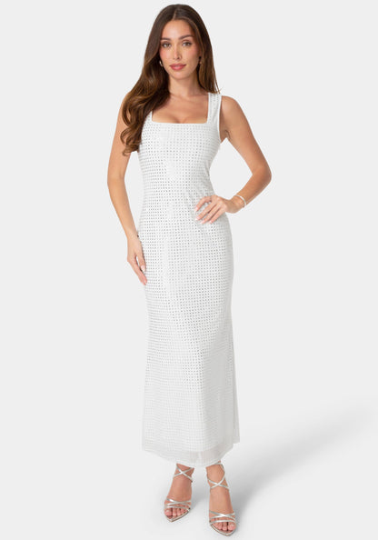 Square Neck Hotfix Mesh Maxi Dress