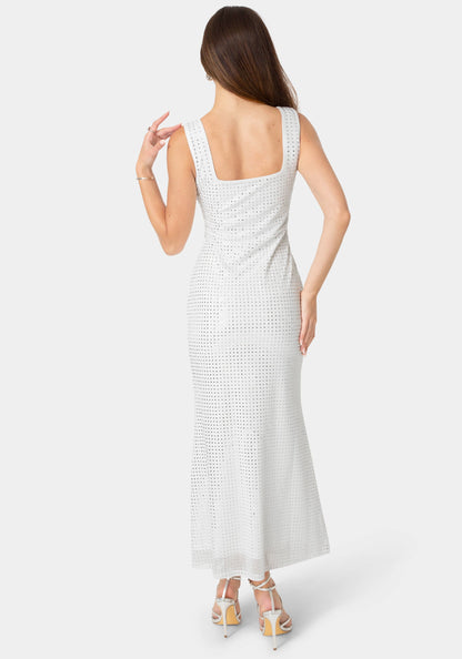 Square Neck Hotfix Mesh Maxi Dress