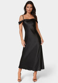 Drape Shoulder High Slit Satin Maxi Dress