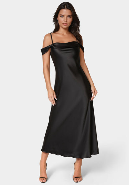 Drape Shoulder High Slit Satin Maxi Dress