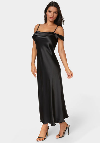 Drape Shoulder High Slit Satin Maxi Dress