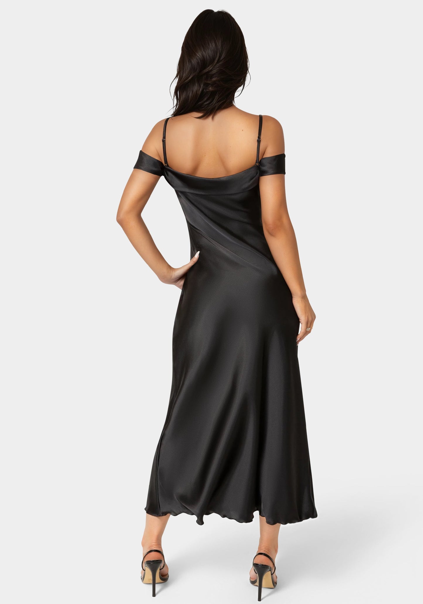 Drape Shoulder High Slit Satin Maxi Dress