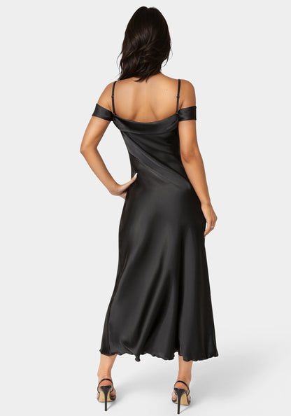 Drape Shoulder High Slit Satin Maxi Dress