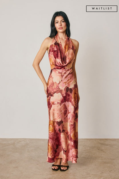 Waitlist 9/5 • Carina Sleeveless Halter Open Back Floral Print Maxi Dress Brown