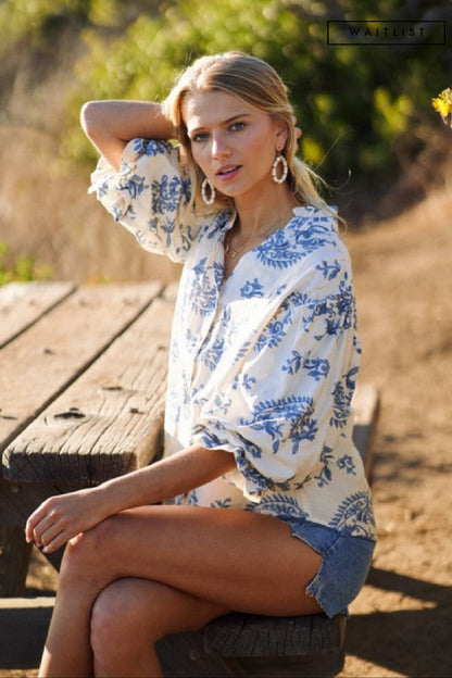 Florence Balloon Sleeve Button Down Printed Top Blue