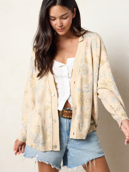Live Happy Cardigan Sweater - Dahlia Flora Ivory