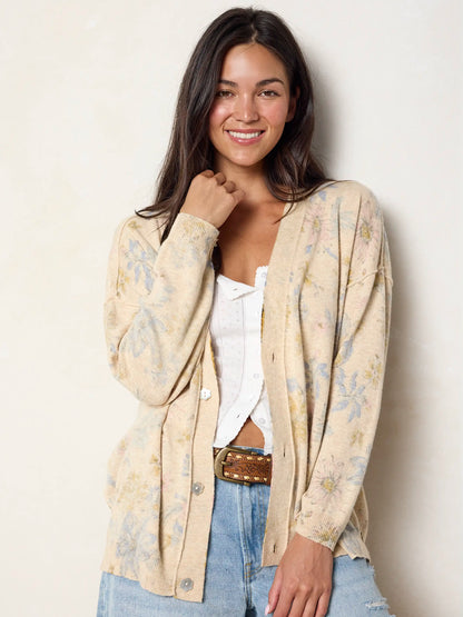 Live Happy Cardigan Sweater - Dahlia Flora Ivory