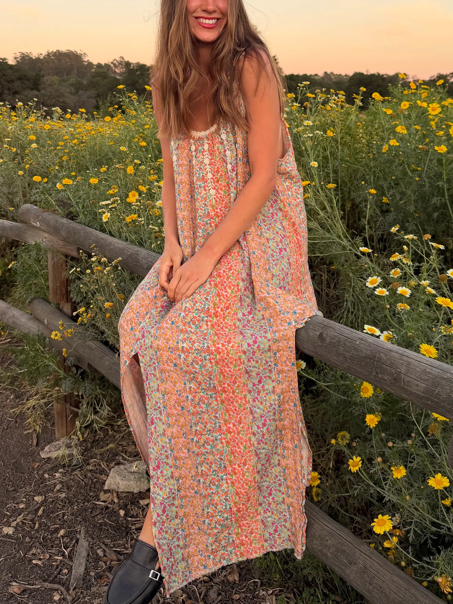 Cosette Embroidered Cotton Maxi Dress - Turquoise Orange Stripes