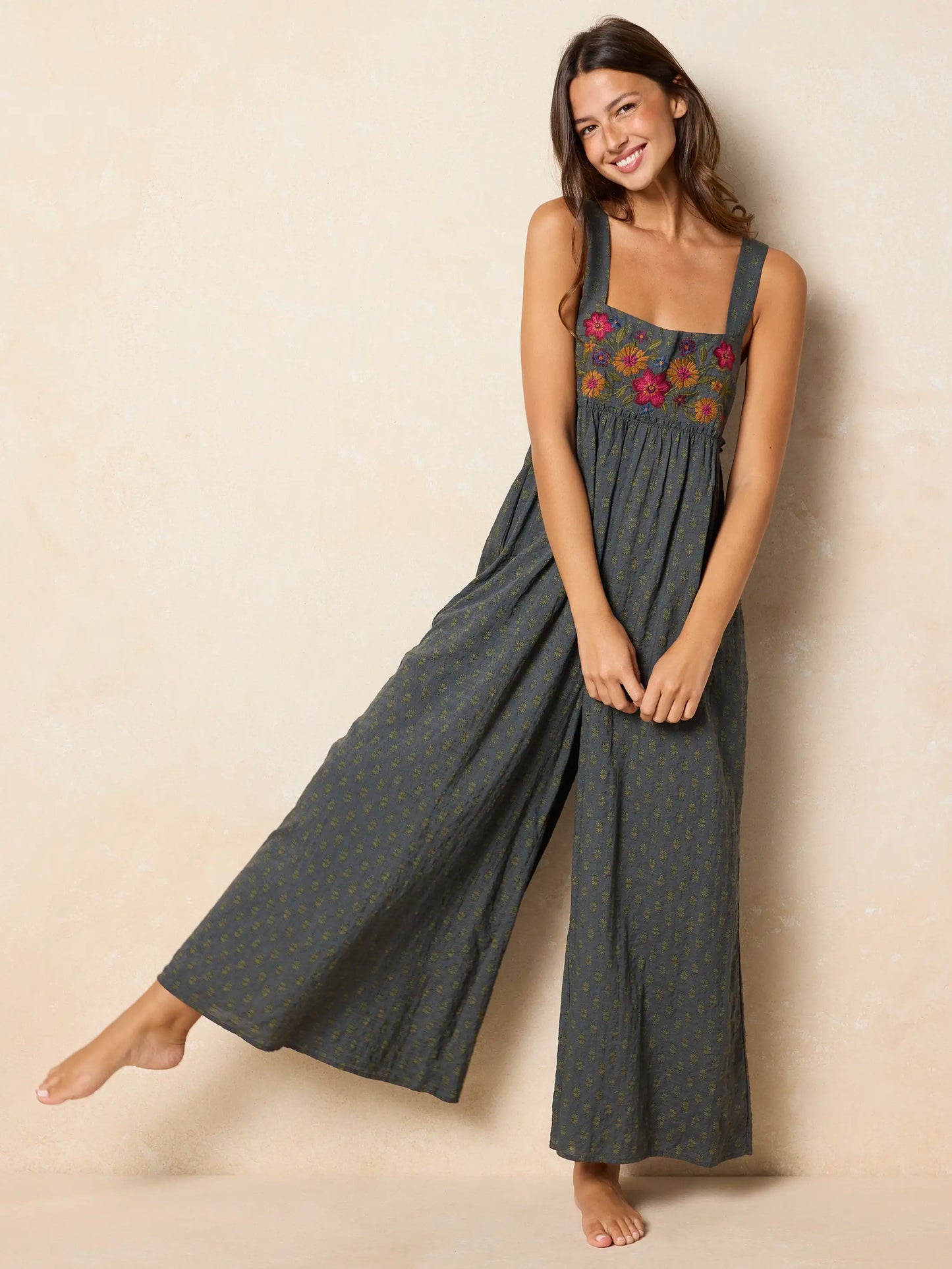 Gabi Embroidered Jumpsuit - Alma Stamp Charcoal