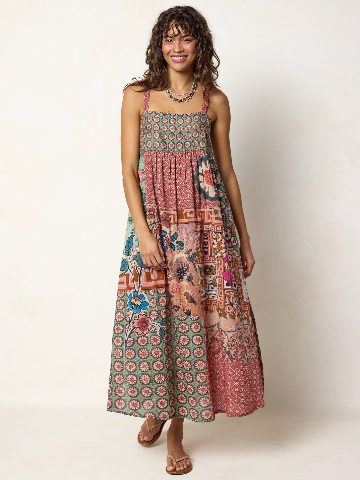 Patti Side Slit Cotton Maxi Dress - Patchwork Medallion Floral