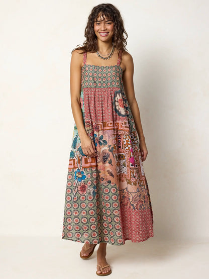 Patti Side Slit Cotton Maxi Dress - Patchwork Medallion Floral
