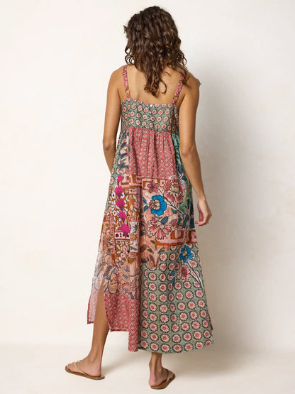 Patti Side Slit Cotton Maxi Dress - Patchwork Medallion Floral