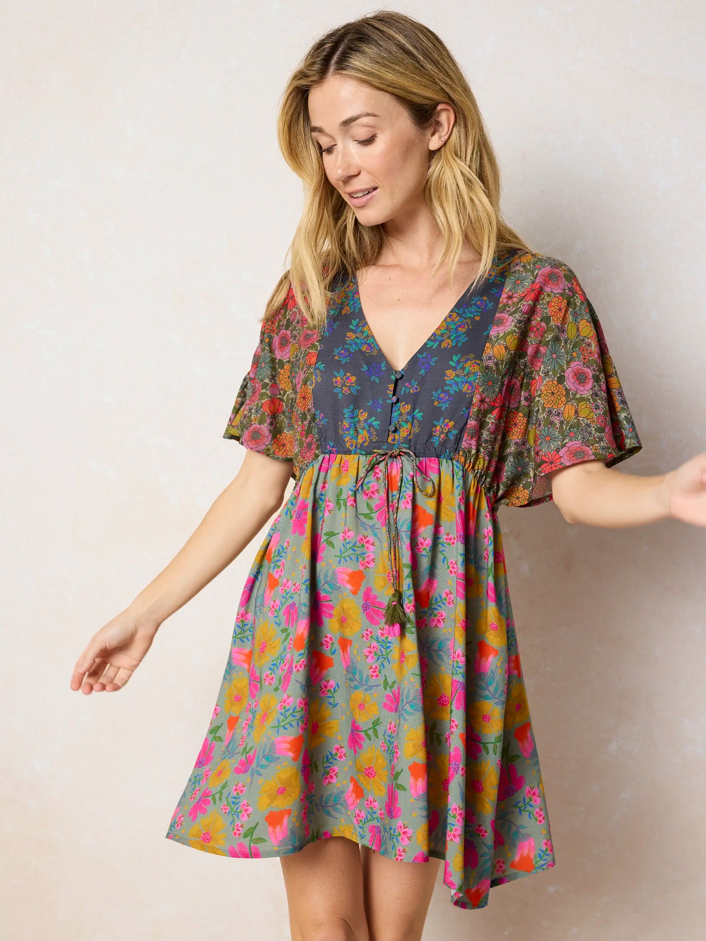 Laney Tie-Waist Mini Dress - Drawn Garden Multi