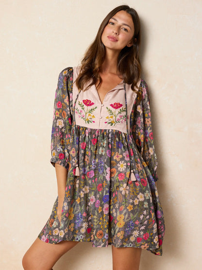 Rose Embroidered Mini Dress - Flung Floral Wildflowers