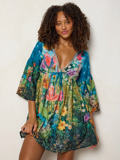 Isabella Mini Dress - Blue Whimsical Garden