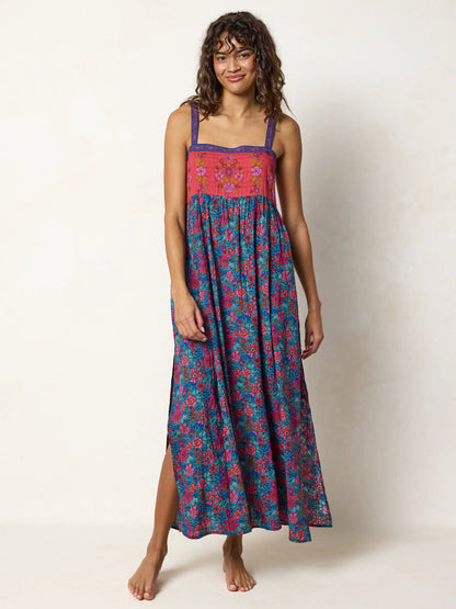 Patti Side Slit Maxi Dress - Teal Boho Border Scarf