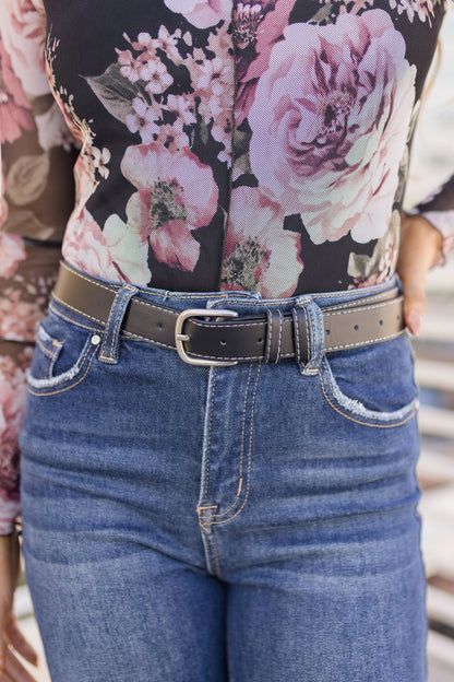Greer Contrast Stitched Rectangle Buckle Belt Black