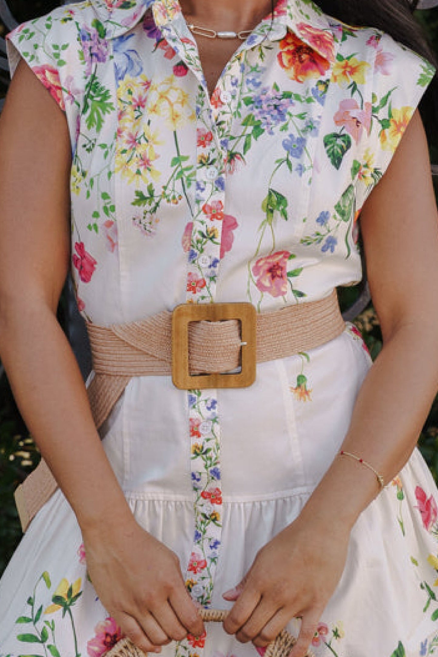 Corinne Large Wooden Rectangle Woven Belt Beige