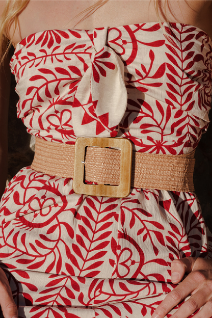 Corinne Large Wooden Rectangle Woven Belt Beige