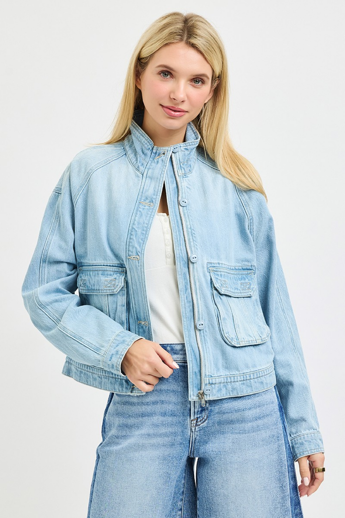 Kimberly Long Sleeve Button Down Cargo Denim Jacket Light Wash