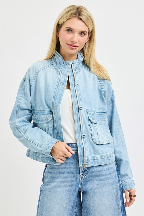 Kimberly Long Sleeve Button Down Cargo Denim Jacket Light Wash