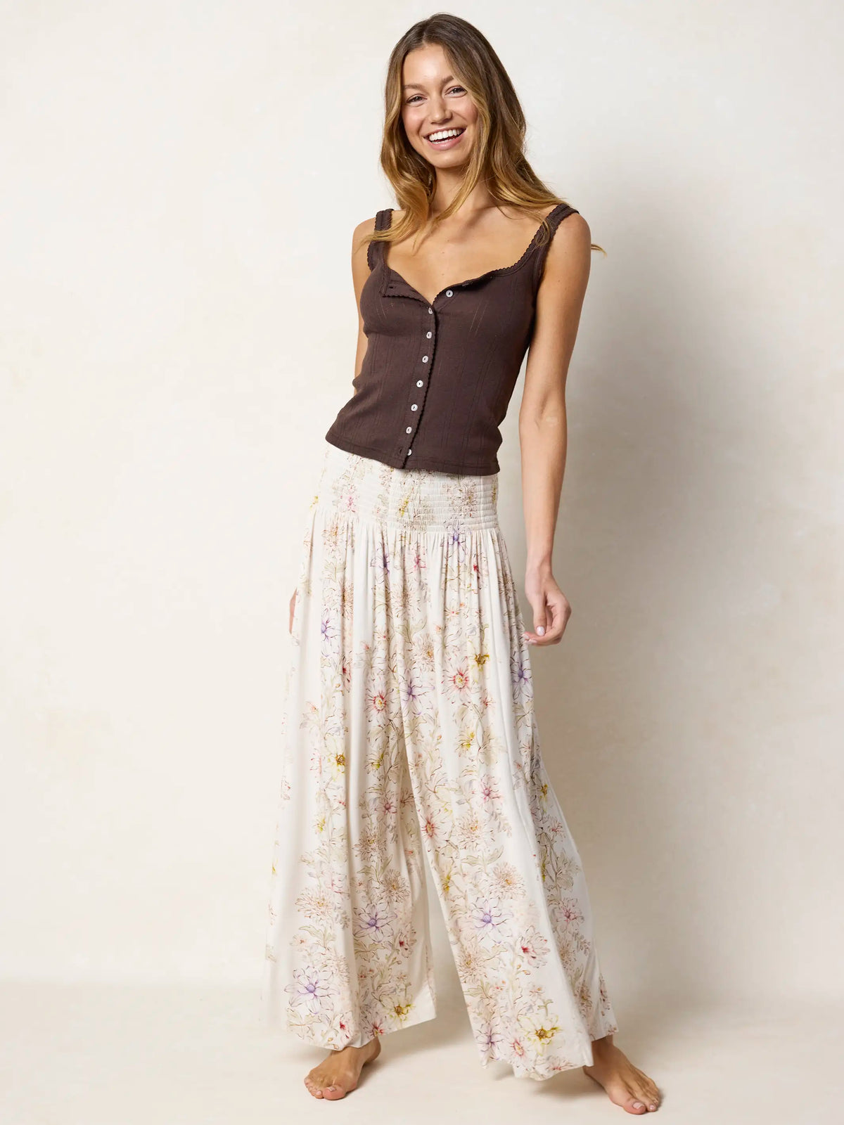 Make A Move "ButterSoft" Knit Palazzo Pants - Ivory Dahlia Rows