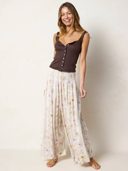 Make A Move "ButterSoft" Knit Palazzo Pants - Ivory Dahlia Rows