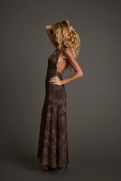 Rosalia Brown Mesh Maxi Dress