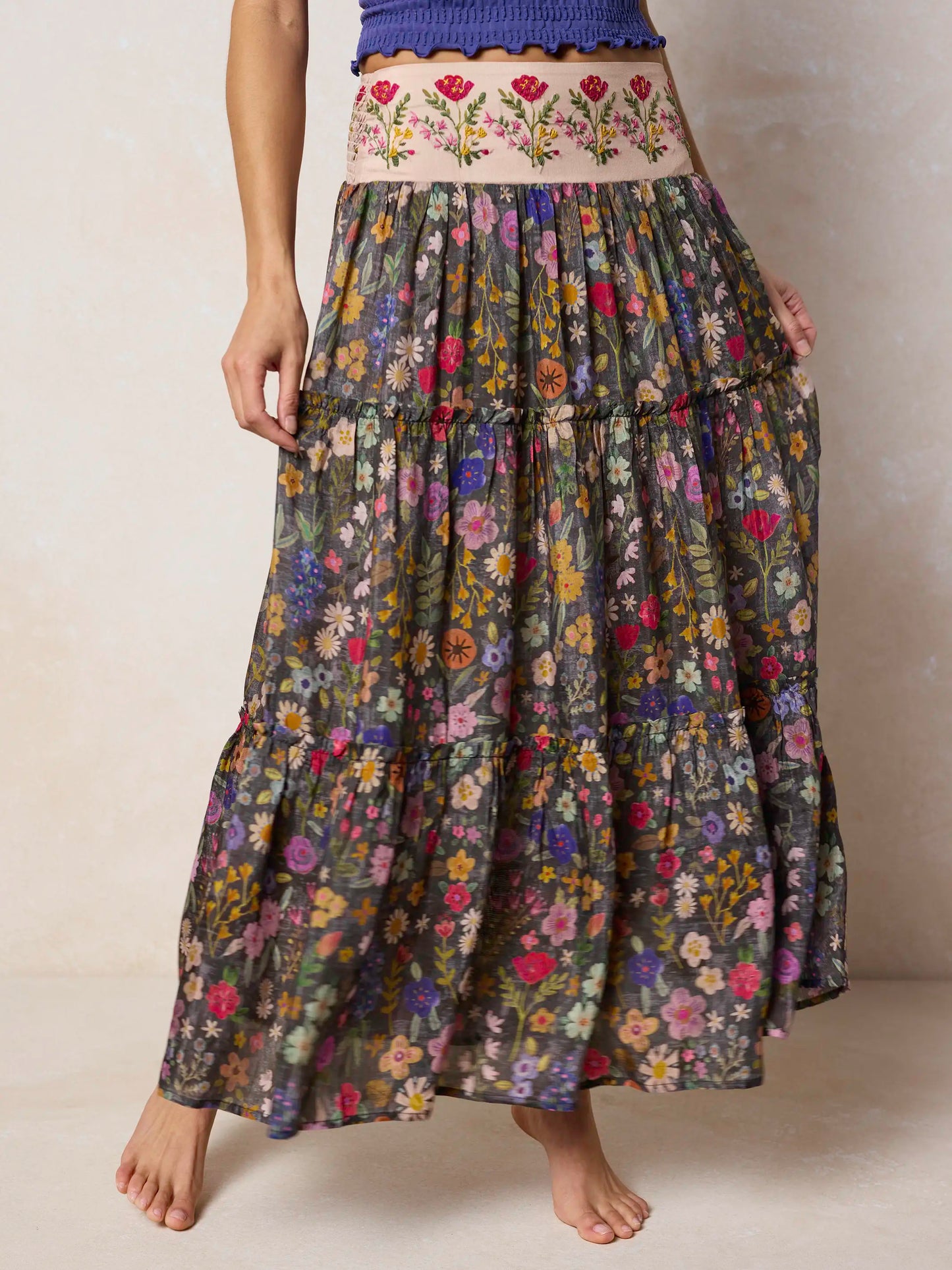Karlie Embroidered Tiered Maxi Skirt - Flung Floral Wildflowers