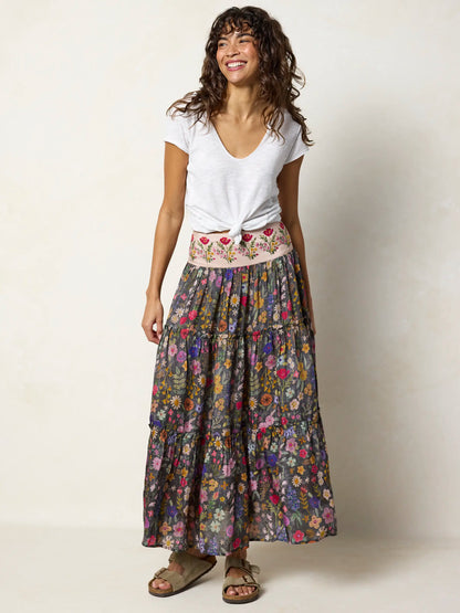 Karlie Embroidered Tiered Maxi Skirt - Flung Floral Wildflowers