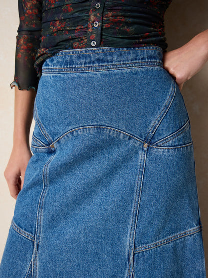 Fitted Cotton Denim Maxi Skirt - Medium Wash
