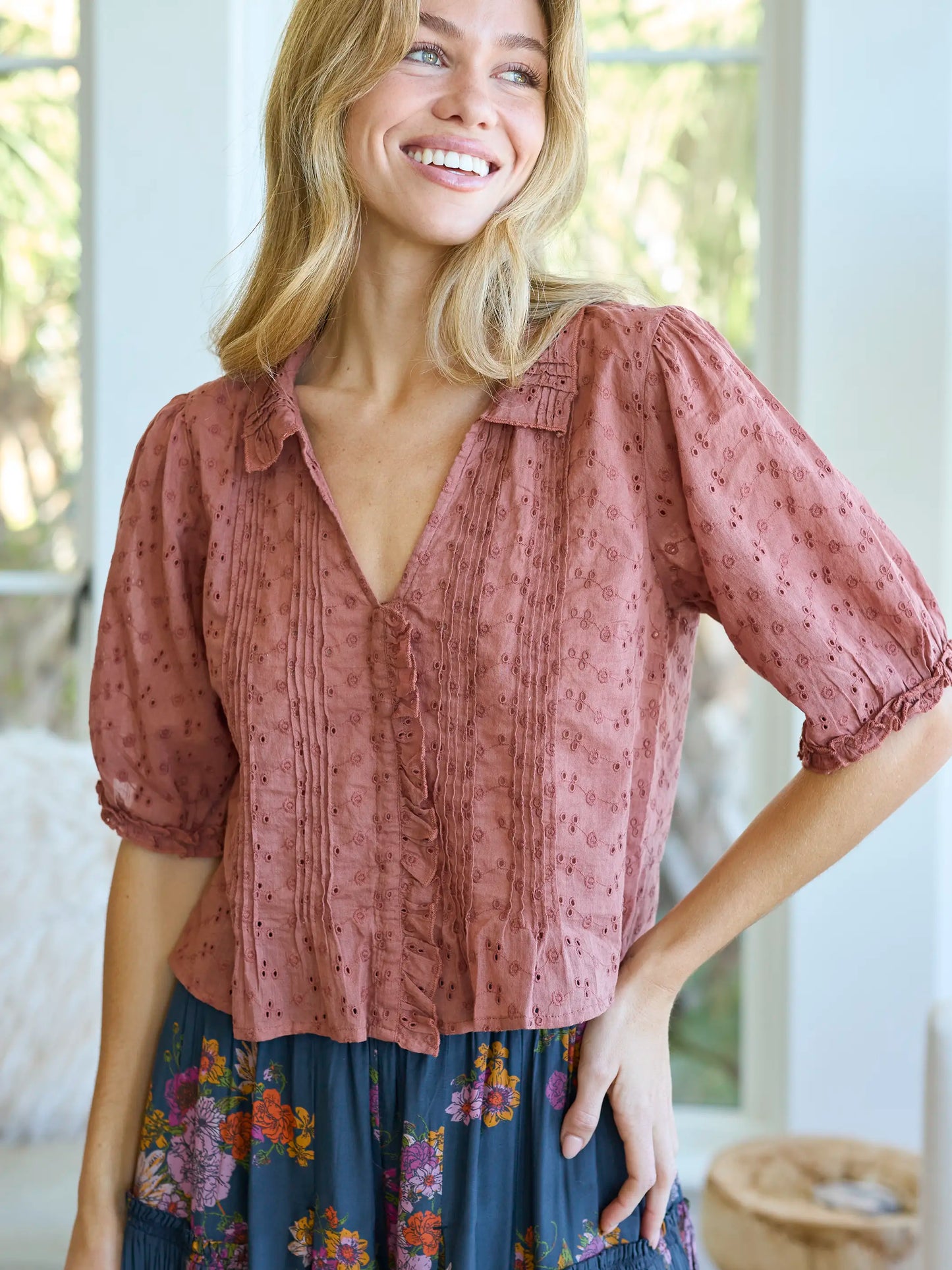 Annie Cotton Eyelet Top - Light Rust