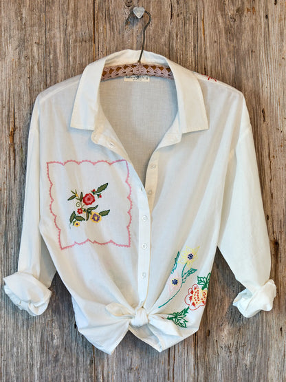 Barcelona Embroidered Cotton Button Down - White Handkerchief