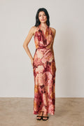 Waitlist 9/5 • Carina Sleeveless Halter Open Back Floral Print Maxi Dress Brown