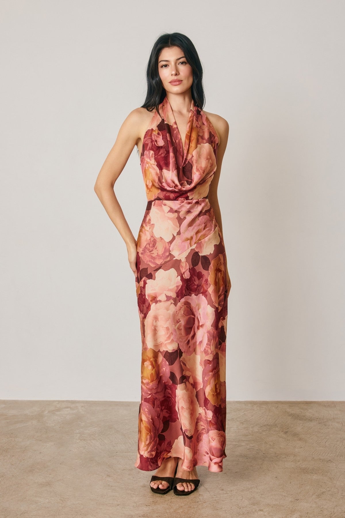 Waitlist 9/5 • Carina Sleeveless Halter Open Back Floral Print Maxi Dress Brown