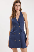 Liberty Sleeveless Halter Button Down Mini Dress Navy