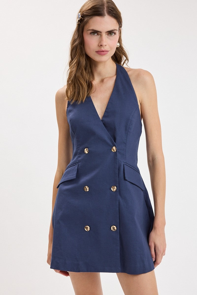 Liberty Sleeveless Halter Button Down Mini Dress Navy