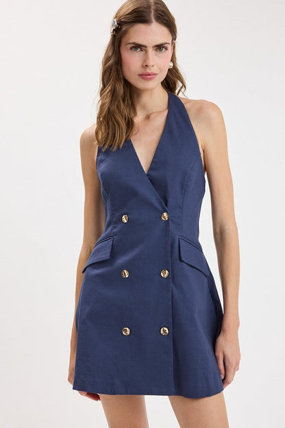 Liberty Sleeveless Halter Button Down Mini Dress Navy