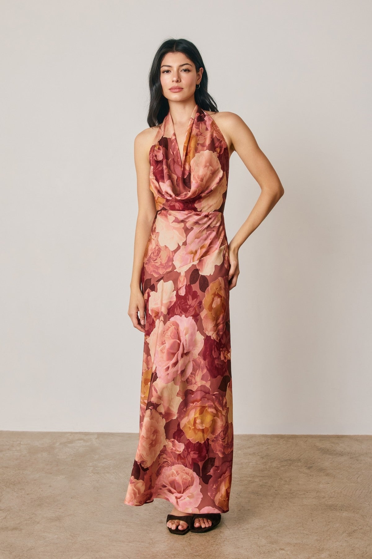 Waitlist 9/5 • Carina Sleeveless Halter Open Back Floral Print Maxi Dress Brown