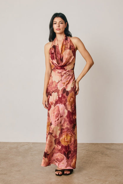 Waitlist 9/5 • Carina Sleeveless Halter Open Back Floral Print Maxi Dress Brown
