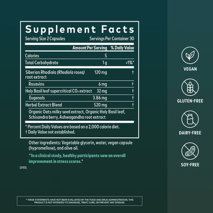 Gaia Herbs Adrenal Health Daily Support for Stress Support || 60 ct Supplement Facts