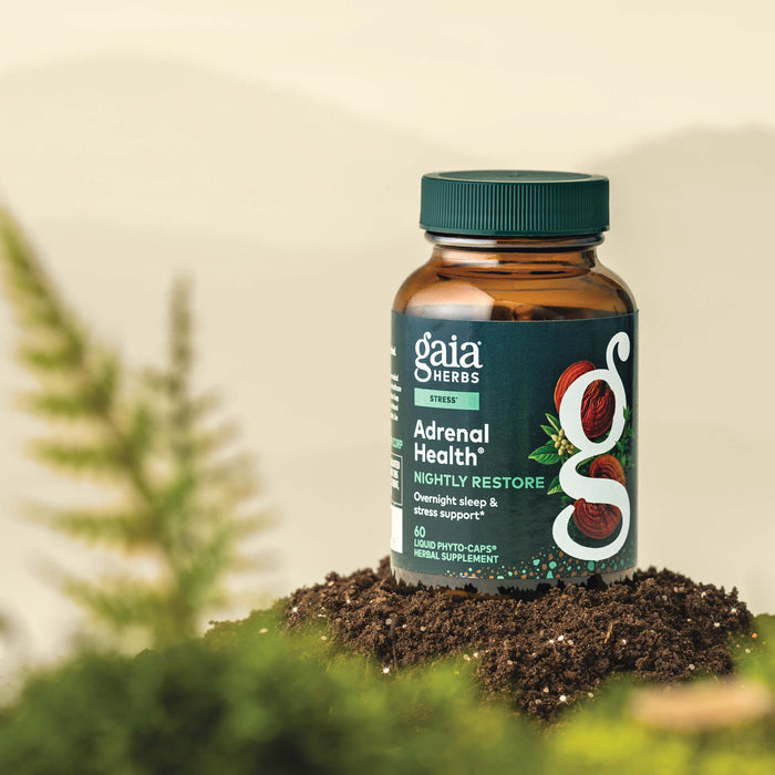 Gaia Herbs Adrenal Health Nightly Restore 60 count supplement bottle on a natural background with plants.
