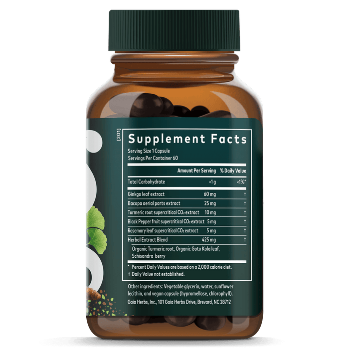Gaia Herbs Agile Mind for Brain & Cognitive Support || 60 ct Supplement Facts Bottle Panel