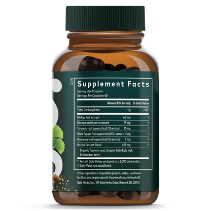 Gaia Herbs Agile Mind for Brain & Cognitive Support || 60 ct Supplement Facts Bottle Panel