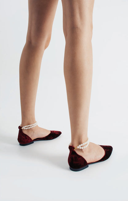 Agnes | Burgundy Velvet Flats with Pearls