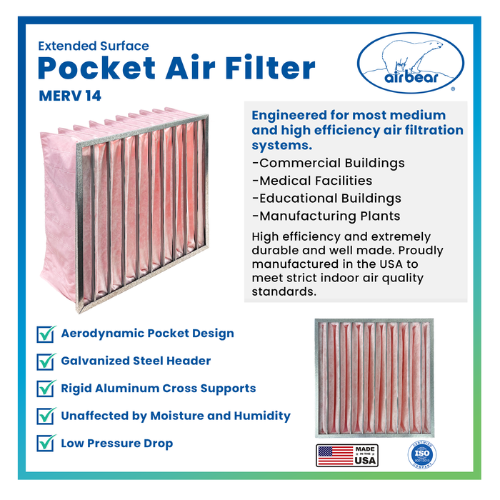 Air Bear Pocket Air Filter 24 in. x 24 in. x 12 in.  MERV 14, 10 Pocket, Pink Synthetic