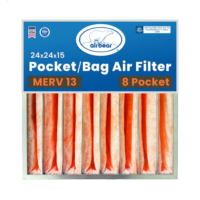 Air Bear Pocket Air Filter 24 in. x 24 in. x 15 in. MERV 13, 8 Pocket, Orange Synthetic