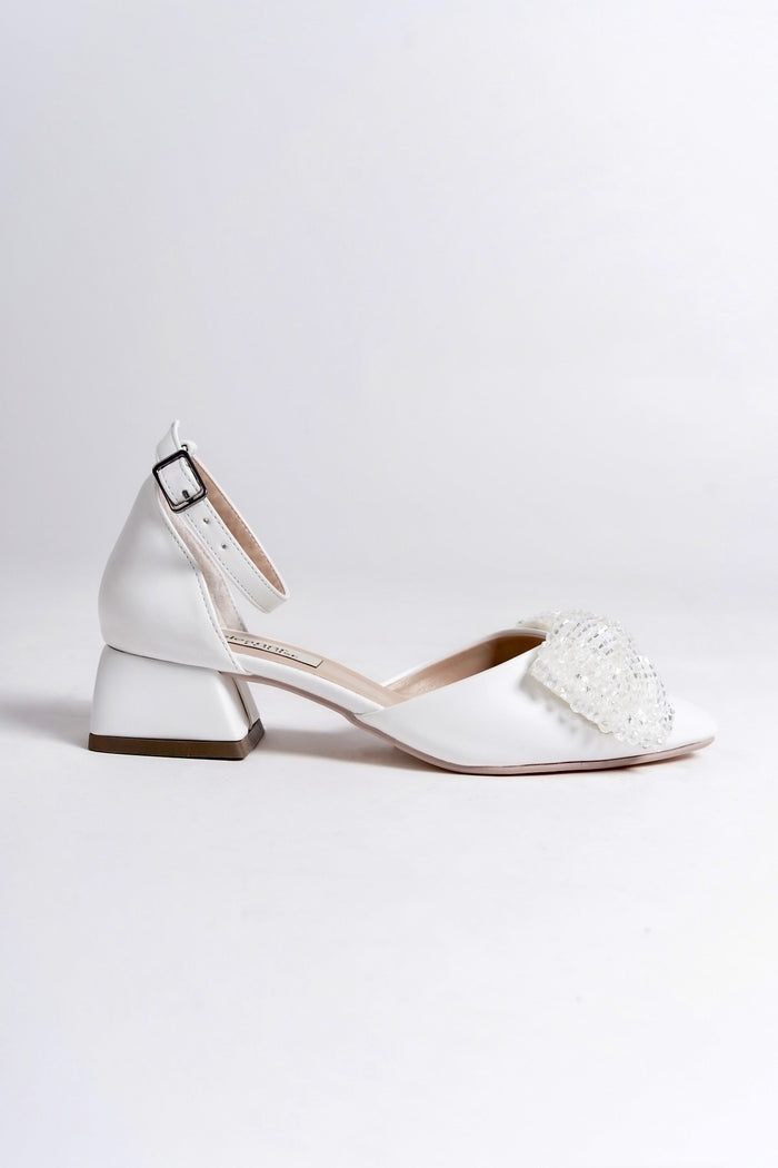 Arabelle | White Crystal Bow Tie Low Heels